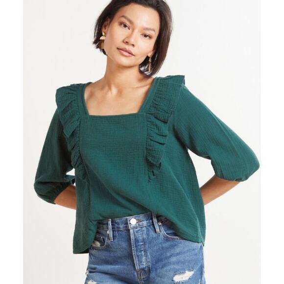 Evereve Francine Emerald Green Ruffle Gauze Square Neck Top Womens Small - Picture 1 of 5